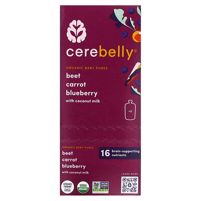 Cerebelly Organic Baby Puree, Beet, Carrot, Blueberry With Coconut Milk, 6 Pouches, 4 oz (113 g) Each