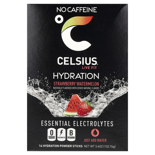 Celsius Live Fit, Hydration, Essential Electrolytes, No Caffeine, Strawberry Watermelon, 14 Hydration Powder Sticks, 0.26 oz (7.28 g) Each