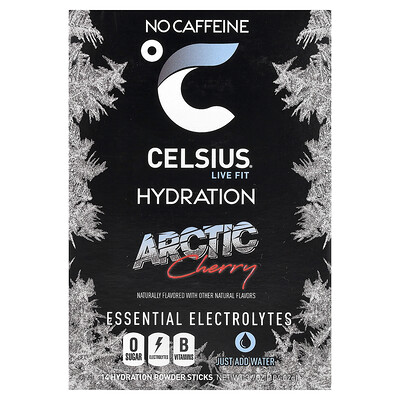 Celsius, Live Fit, Hidratación, Electrolitos esenciales, Sin cafeína, Cereza ártica, 14 barritas de polvo, 7,43 g (0,26 oz) cada una