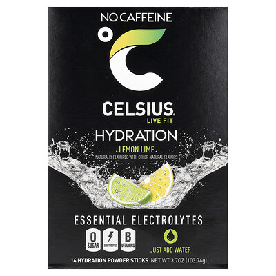 Celsius, Live Fit, Hidratación, Electrolitos esenciales, Sin cafeína, Lima limón, 14 barritas hidratantes en polvo, 7,41 g (0,26 oz) cada una