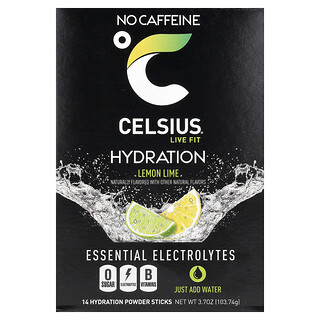 Celsius, Live Fit, Hidratación, Electrolitos esenciales, Sin cafeína, Lima limón, 14 barritas hidratantes en polvo, 7,41 g (0,26 oz) cada una