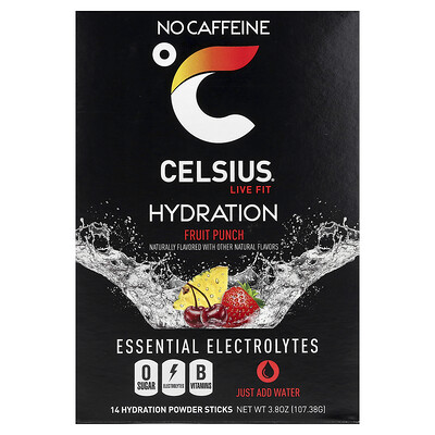 Celsius, Live Fit, Hidratación, Electrolitos esenciales, Sin cafeína, Ponche de frutas, 14 barritas hidratantes en polvo, 7,76 g (0,27 oz) cada una