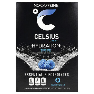 Celsius, Live Fit, Hidratación, Electrolitos esenciales, Sin cafeína, Razz azul, 14 barritas hidratantes en polvo, 7,28 g (0,26 oz) cada una