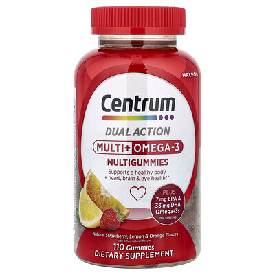 Product Image for Centrum, Multi + Omega-3 Multigummies, Natural Strawberry, Lemon & Orange, 110 Gummies