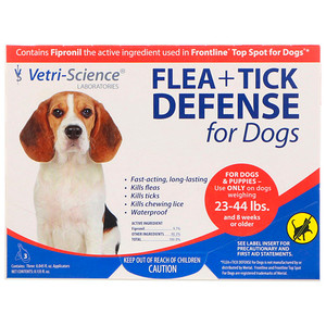 Отзывы о Vetri-Science, Flea + Tick Defense for Dogs 23-44 lbs., 3 Applicators, 0.045 fl oz Each