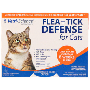 Отзывы о Vetri-Science, Flea + Tick Defense for Cats 8 Weeks or Older, 3 Applicators, 0.017 fl oz Each