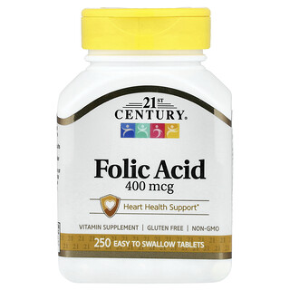 21st Century, Folic Acid, Folsäure, 400 mcg, 250 einfach zu schluckende Tabletten