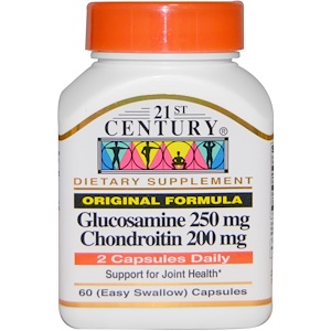 21st Century, Глюкозамин — 250 мг, хондротин — 200 мг, оригинальная формула, 60 (легко глотаемых) капсул