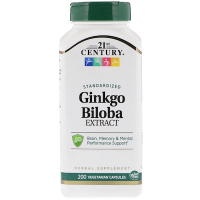 21st Century Экстракт Ginkgo biloba, стандартизированный, 200 вегетарианских капсул