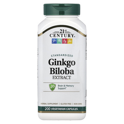 21st Century, Extracto de Ginkgo biloba estandarizado, 200 cápsulas vegetales (60 mg por cápsula)