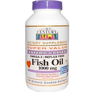 21st Century, Рыбий жир, 1000 мг, 180 желатиновых капсул с энтеросолюбильным покрытием