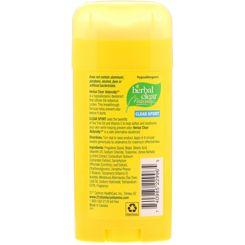 21st Century, Herbal Clear Naturally!, Sport Deodorant, Clear Sport, 2.