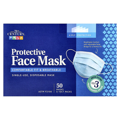 Product Image for 21st Century, Protective Face Mask, ASTM F2100, Single Use Disposable Masks, 50 Masks, 5-10 ct Packs