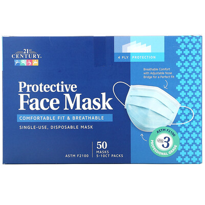 21st Century Protective Face Mask, Single Use Disposable Masks, 50 Masks, 5-10 ct Packs