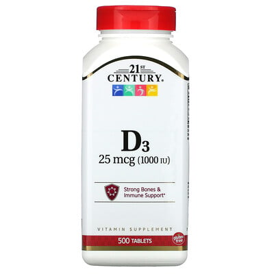 21st Century витамин D3, 25 мкг (1000 МЕ), 500 таблеток