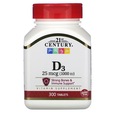 21st Century Витамин D3, 25 мкг (1.000 МЕ), 300 таблеток