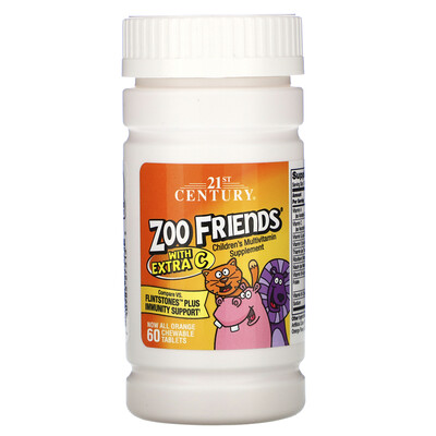 21st Century Zoo Friends с добавлением витамина C, апельсин, 60 жевательных таблеток