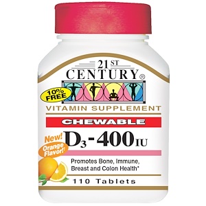 21st Century, Витамин D3, жевательные пастилки, с ароматом апельсина, 400 МЕ, 110 таблеток