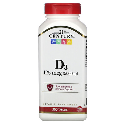 21st Century Витамин D3, 125 мкг (5000 МЕ), 360 таблеток
