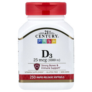 21st Century, Vitamina D3, 25 mcg (1000 UI), 250 cápsulas blandas de liberación rápida