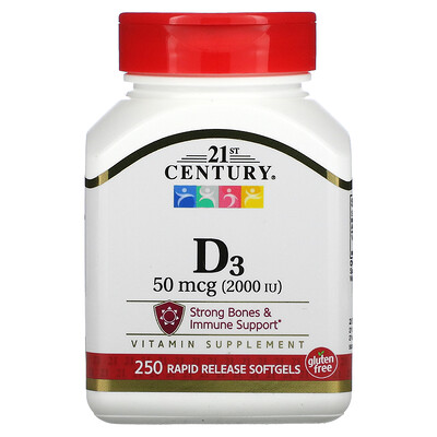 

21st Century витамин D3, 50 мкг (2000 МЕ), 250 мягких таблеток