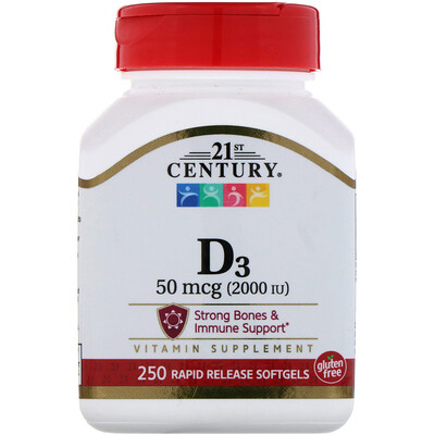 21st Century Витамин D3, 50 мкг (2000 МЕ), 250 мягких желатиновых капсул