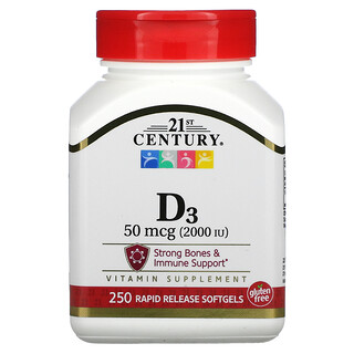 21st Century, витамин D3, 50 мкг (2000 МЕ), 250 мягких таблеток