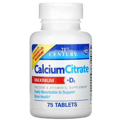 21st Century цитрат кальция и витамин D3, максимальная эффективность, 75 таблеток