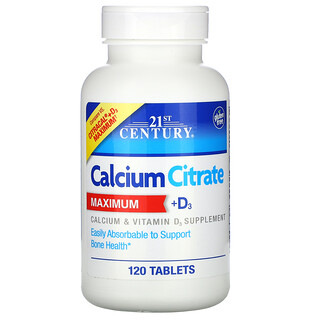 21st Century, الحد الأقصى من سترات الكالسيوم + فيتامين د 3، 120 قرصًا