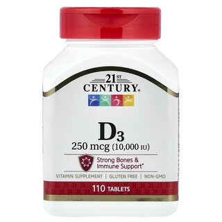 21st Century, Vitamina D3, 250 mcg (10.000 UI), 110 comprimidos