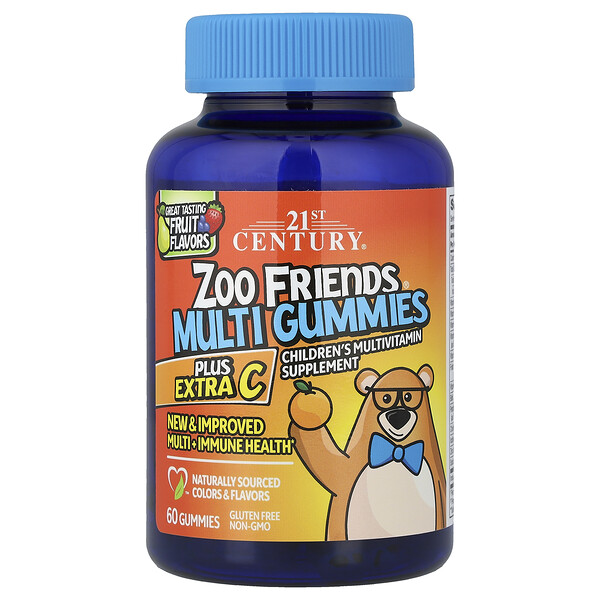 21st Century, Zoo Friends 멀티 구미젤리, 엑스트라 C, 뛰어난 과일 맛, 구미젤리 60개