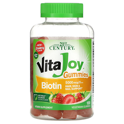 

21st Century VitaJoy жевательные таблетки с биотином со вкусом клубники 2 500 мкг 120 растительных жевательных таблеток