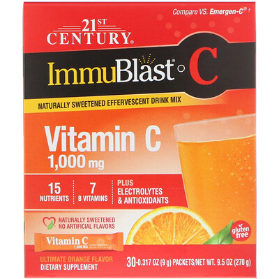 21st Century ImmuBlast-C, шипучая смесь, превосходный апельсиновый вкус, 1000мг, 30 пакетиков, 0,317 унций (9 г) в каждом