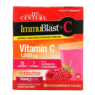 21st Century, ImmuBlast-C، فيتامين جـ، مزيج شراب فوّار، بطعم توت العليق Raspberry Burst، وزن 1,000 ملجم، 30 كيسًا، 0.317 أونصة (9 جم) لكل كيس