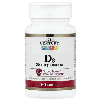 21st Century, D3, 25 mcg (1000 UI), 60 comprimidos