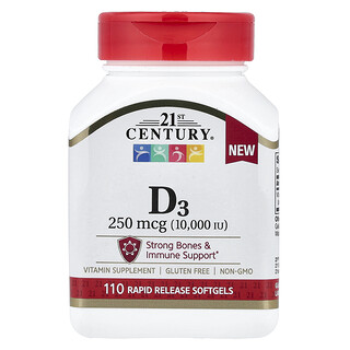 21st Century, Vitamina D3, 250 mcg (10.000 UI), 110 cápsulas blandas de liberación rápida