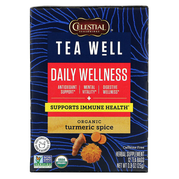 Celestial Seasonings‏, Herbal Tea, Daily Wellness, Organic Turmeric Spice, Caffeine Free, 12 Tea Bags, 0.07 oz (2.2 g) Each