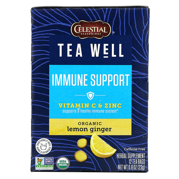 Immune Support, Vitamin C & Zinc, Organic Lemon Ginger, Caffeine Free, 12 Tea Bags, 0.06 oz (1.9 g) Each