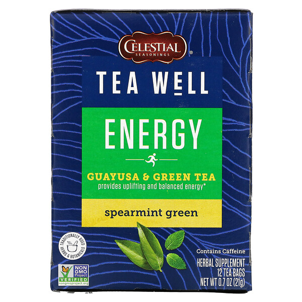 Celestial Seasonings, Energy, Guayusa & Green Tea, Spearmint Green, 12 Tea Bags, 0.7 oz ( 21 g)