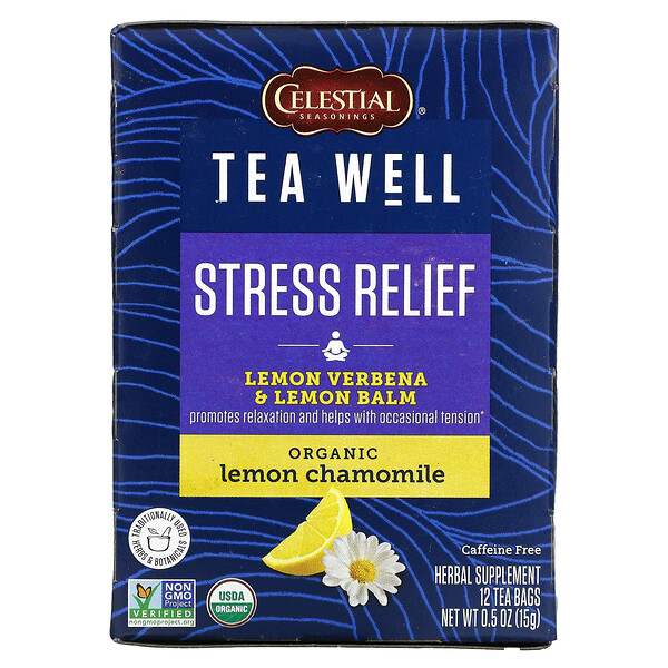Celestial Seasonings‏, Stress Relief, Lemon Verbena & Lemon Balm, Organic Lemon Chamomile, Caffeine Free, 12 Tea Bags, 0.06 oz (1.2 g) Each