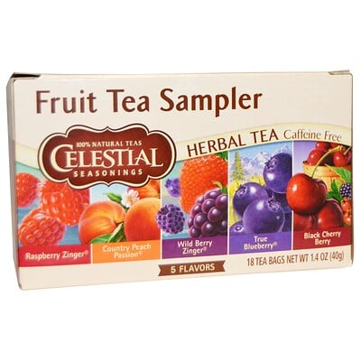 Celestial Seasonings Fruit Tea Sampler, травяной чай, без кофеина, 5 вкусов, 18 чайных пакетиков, весом 40 г (1,4 унции) каждый