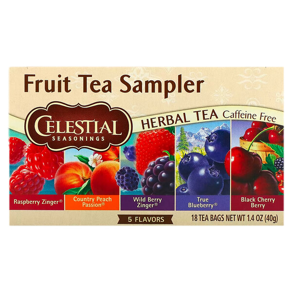Celestial Seasonings, Fruit Tea Sampler, Herbal Tea, Caffeine Free, 5 Flavors, 18 Tea Bags, 1.4