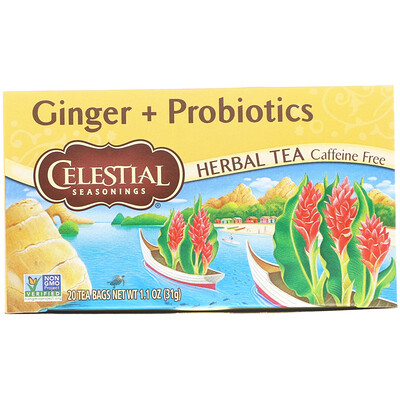 Купить Celestial Seasonings Травяной чай, имбирь + пробиотики, без кофеина, 20 чайных пакетиков, 1, 1 унции (31 г)