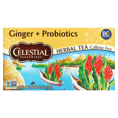 Celestial Seasonings, Herbal Tea, Ginger + Probiotics, Caffeine Free, 16 Tea Bags, 0.85 oz (24 g)