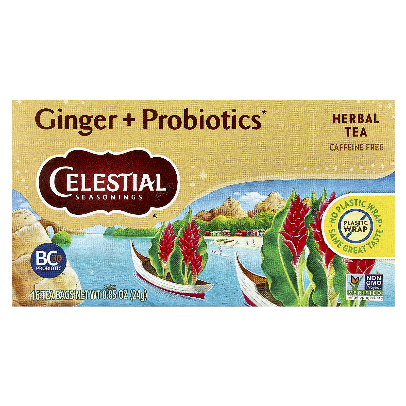 Herbal Tea, Ginger + Probiotics, Caffeine Free, 16 Tea Bags, 0.85 oz (24 g) - Picture 1 of 3