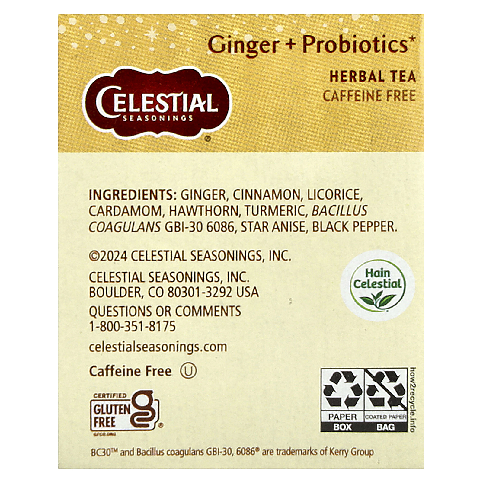 Herbal Tea, Ginger + Probiotics, Caffeine Free, 16 Tea Bags, 0.85 oz (24 g) - Picture 2 of 3