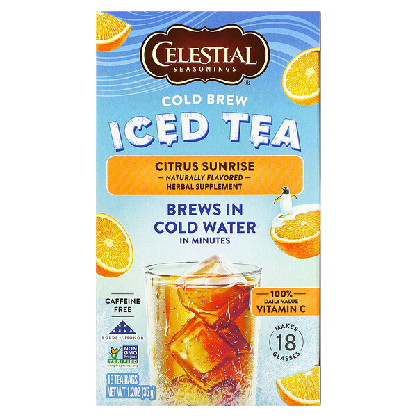 Celestial Seasonings, Cold Brew Iced Tea, Citrus Sunrise, Caffeine Free, 18 Tea Bags, 1.2 oz (35 g)