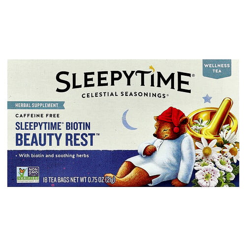 Celestial Seasonings, Wellness Tea, Sleepytime® Biotin Beauty Rest™, Caffeine Free, 18 Tea Bags, 0.75 oz (21 g)