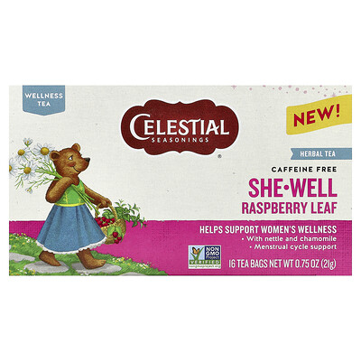 Celestial Seasonings, She-Well, Té de hierbas, Hoja de frambuesa, Sin cafeína, 16 bolsitas de té, 21 g (0,75 oz)