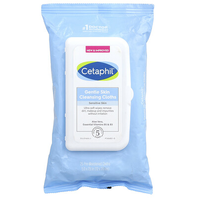 Cetaphil, Paños de limpieza suaves para la piel, Sin fragancia, 25 paños prehumedecidos